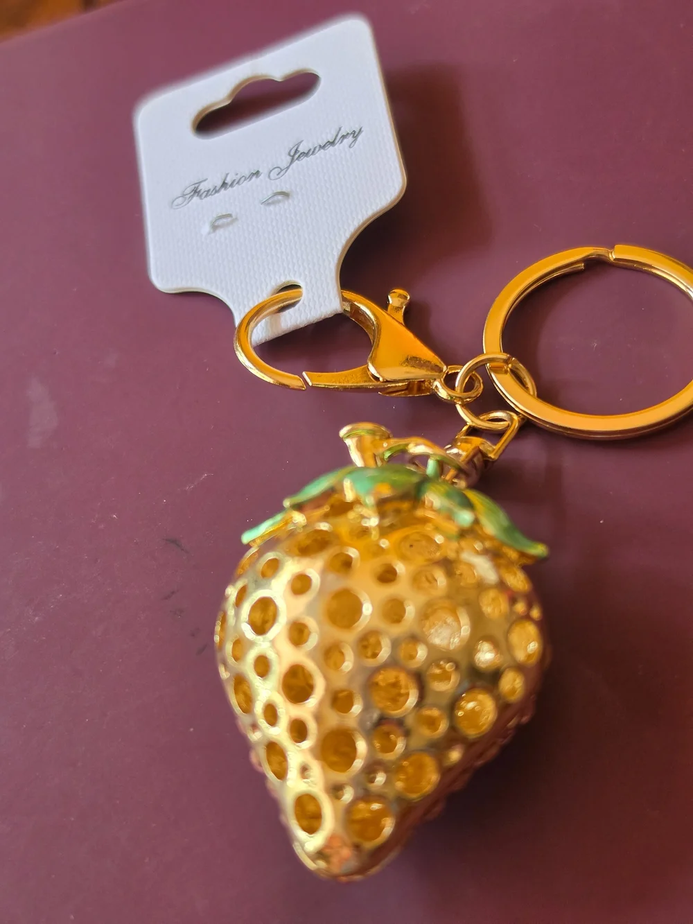 🍓Sparkly Pink Strawberry Key & Card Charm with Gold Hardware